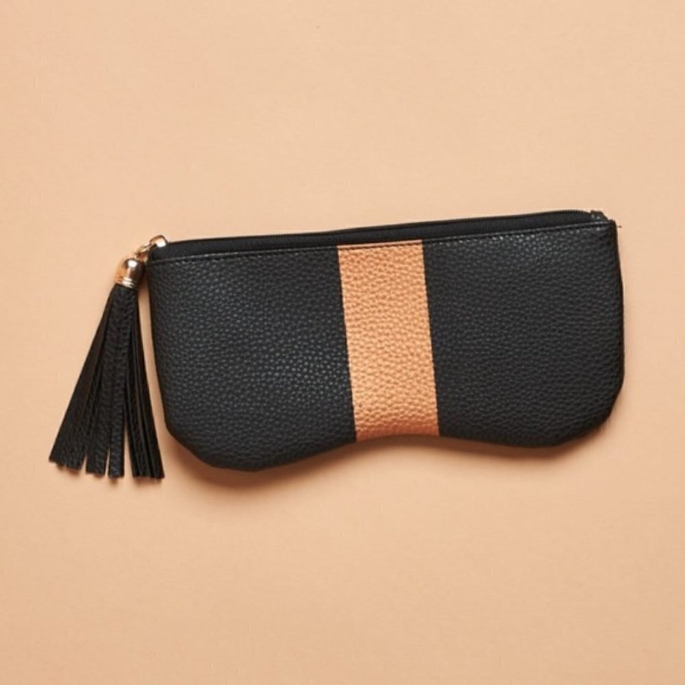 NEW Zigi & Marais Pouch Bag with Stripe Vegan Pebbled Leather Black Rose Gold - Picture 4 of 5